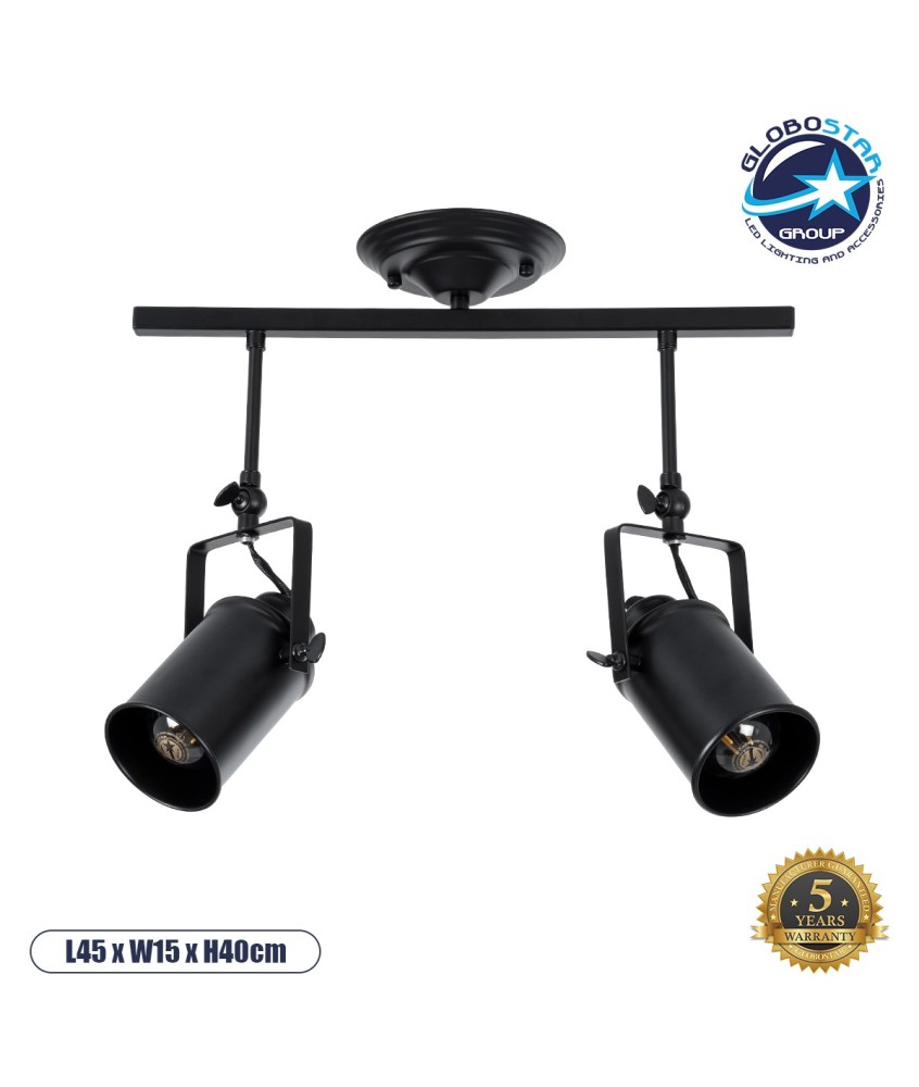 GLOBOSTAR® HOLLYWOOD 01154 Vintage Φωτιστικό Οροφής με Ντουί 2 x E27 AC 220-240V IP20 - Μαύρο - Μ45 x Π15 x Υ40cm